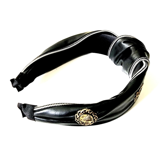 Headband, Faux Soft Leather w/ Zipper and Vintage Golden Bees - Picture 5 of 7